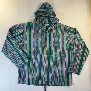Unique Batik Mens L Hoodie Green Purple Boho Hippie Striped Baja Poncho Pullover